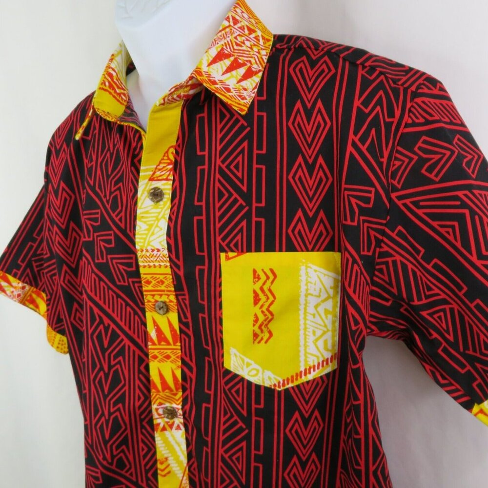 Samoan Aloha Shirt Mens M Red Yellow American Samoa Hand Printed Tribal Tapa